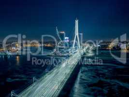 Riga city bridge And Old Town Autumn Drone flight trafics and cars above
