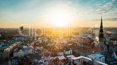 Riga city bridge And Old Town Autumn Drone flight trafics and cars above