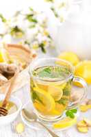 Flavored herbal tea with fresh lemon, ginger and mint leaves on white background, closeup