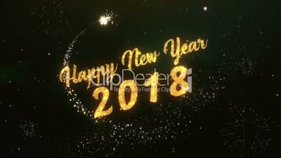 Happy New Year 2018 Greeting Text Made from Sparklers Light Dark Night Sky With Colorfull Firework.