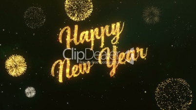 Happy New Year Greeting Text Made from Sparklers Light Dark Night Sky With Colorfull Firework.