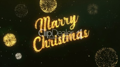 Merry Christmas Greeting Text Made from Sparklers Light Dark Night Sky With Colorfull Firework.