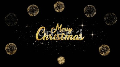 Merry Christmas Beautiful golden greeting Text Appearance from blinking particles with golden fireworks background.