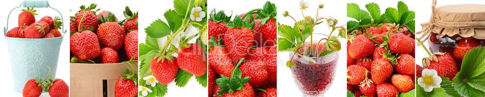 Juicy strawberry, juice and jam isolated on white background.