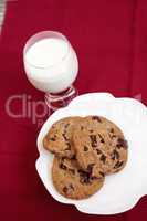 Chocolate chip cookies on a white plate with whole milk