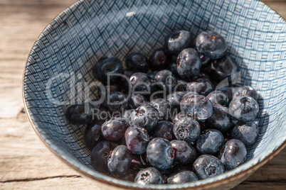 Organic blueberries in a blue and white bowl