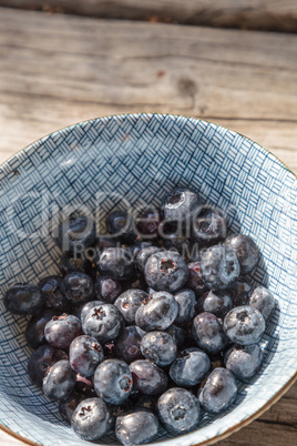 Organic blueberries in a blue and white bowl