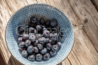 Organic blueberries in a blue and white bowl