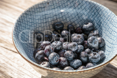 Organic blueberries in a blue and white bowl