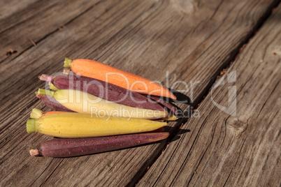 Natural colorful baby carrots in orange, yellow and purple