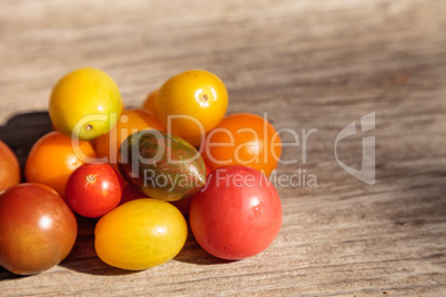 Bright colorful cherry tomatoes in red, yellow, green and purple