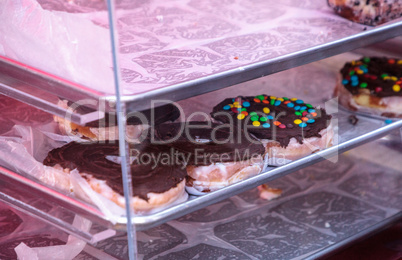 Doughnuts with chocolate fudge frusting baked fresh