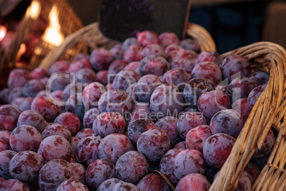 Red purple pluots also called plumbs in a basket sold at a farme