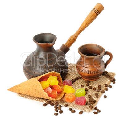 Coffee pot, cup of coffee, jujube and waffles isolated on white