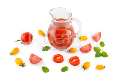 Fresh tomato juice isolated on white background. Flat lay,top vi