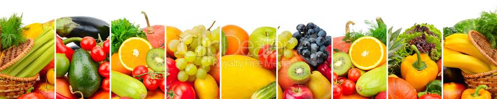 Panoramic collection fruits and vegetables isolated on white bac