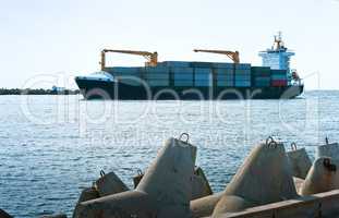 cargo ship at sea, the ship returned to port in the Baltic sea