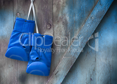 Blue boxing gloves hang on a nail on a wooden shabby wall