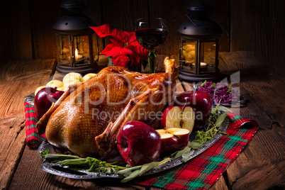 Roast Christmas duck with apples