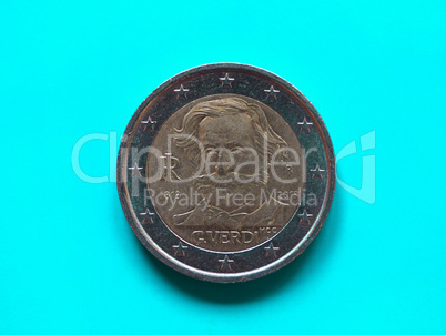 Two Euros coin, European Union over green blue