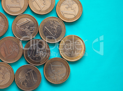 Euro coins, European Union over green blue with copy space