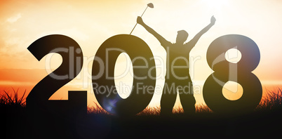 Composite image of golfer celebrate with two arms in the air
