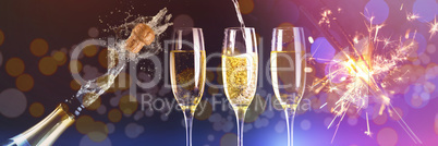 Composite image of two full glasses of champagne and one being filled