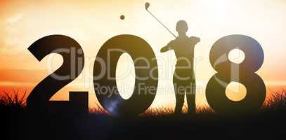 Composite image of golfer standing and waiting with stick in hands