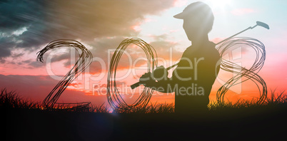 Composite image of golfer standing and waiting with stick in hands