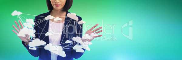Composite image of businesswoman using invisible screen