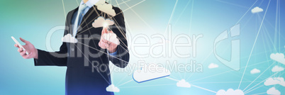 Composite image of mid section of businessman holding mobile phone while using interface screen