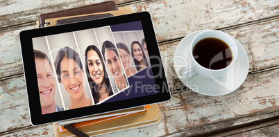 Composite image of tablet and coffee