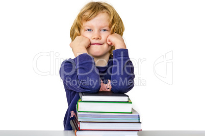 Girl with a stack of books and crayons