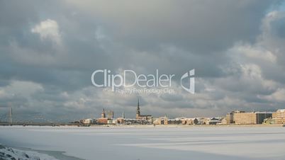 Riga Down Town in winter time, Daugava river, snow