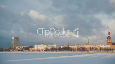 Riga Down Town in winter time, Daugava river, snow