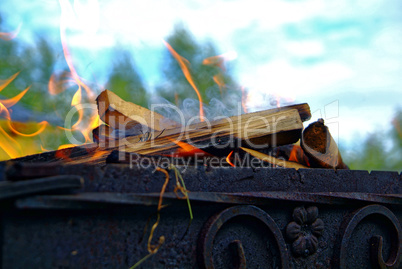 firewood burning on blue sky background in summer