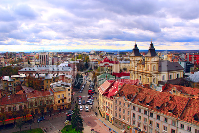 Ivano-Frankivsk from a bird's eye view with dark clouds up