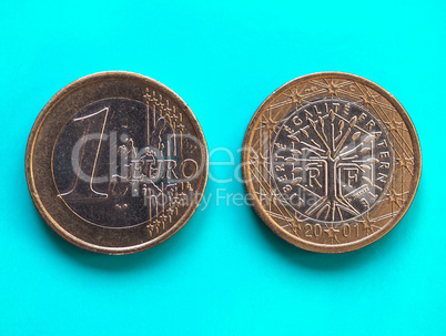 1 euro coin, European Union, France over green blue