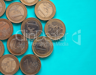 Euro coins, European Union over green blue with copy space