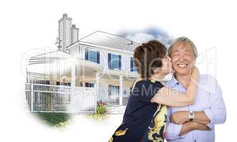 Happy Chinese Senior Couple Kissing In Front of House Drawing on