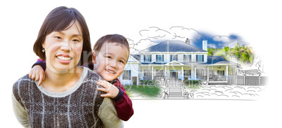 Chinese Mother and Mixed Race Child In Front of House Drawing on