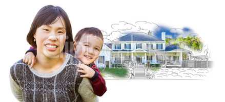 Chinese Mother and Mixed Race Child In Front of House Drawing on