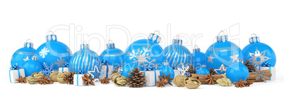 3d render - blue christmas baubles over white background