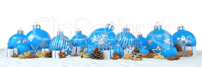 3d render - blue christmas baubles over white background