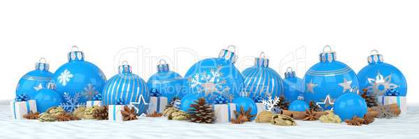3d render - blue christmas baubles over white background