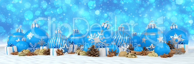 3d render - blue christmas baubles over blue bokeh background