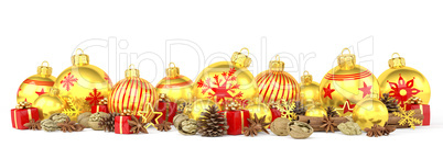 3d render - golden christmas baubles over white background