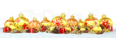 3d render - golden christmas baubles over white background