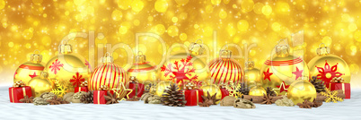 3d render - golden christmas baubles over golden bokeh backgroun