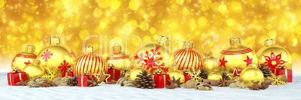 3d render - golden christmas baubles over golden bokeh backgroun